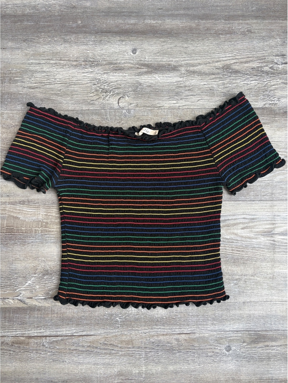 Heart & Hips Women's Large Off-Shoulder Rainbow Striped Ribbed Top with Ruffle-3